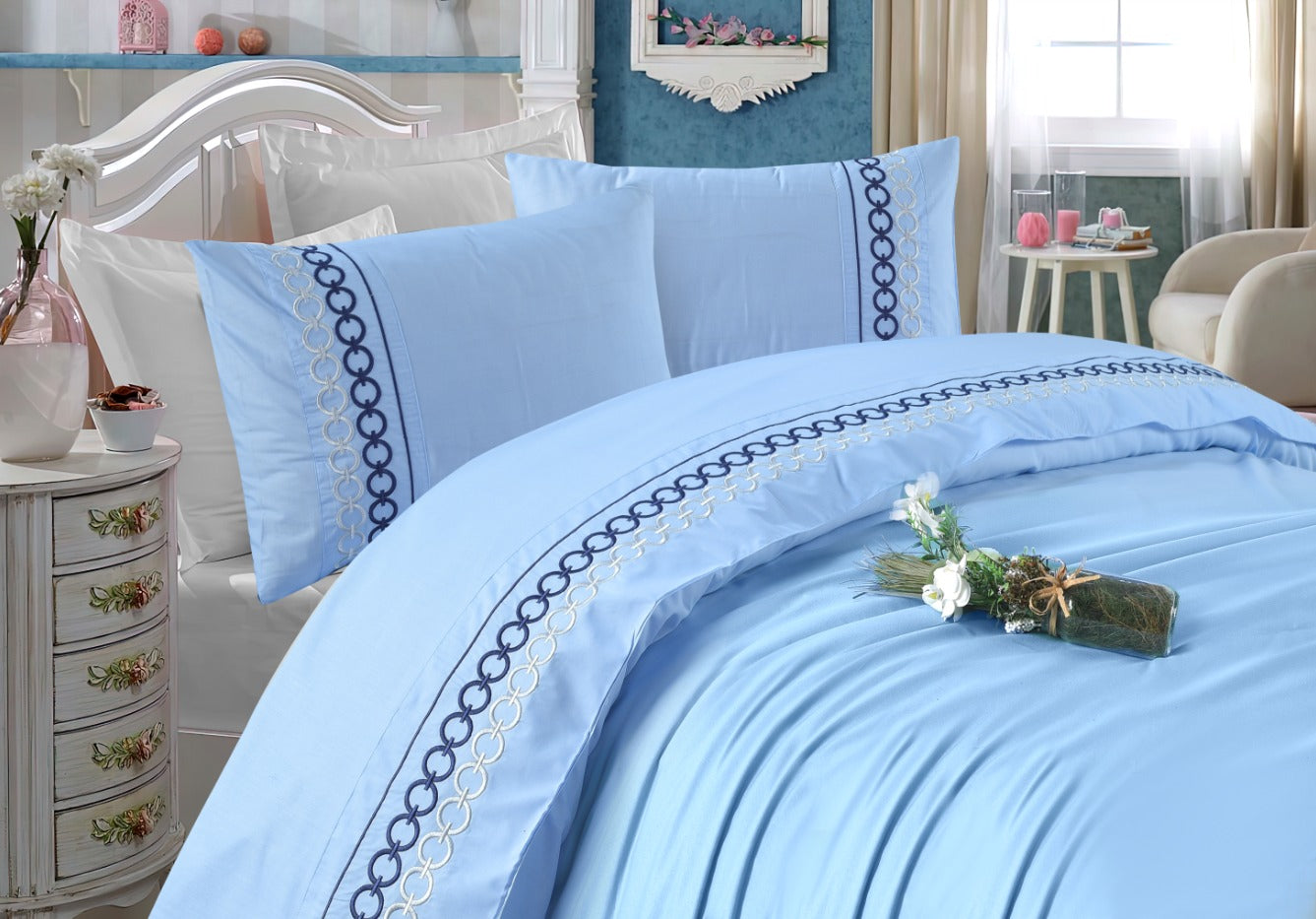 200 TC Olivia – Embroidered Egyptian Cotton Sheets – 3 pcs, Elegant & Soft